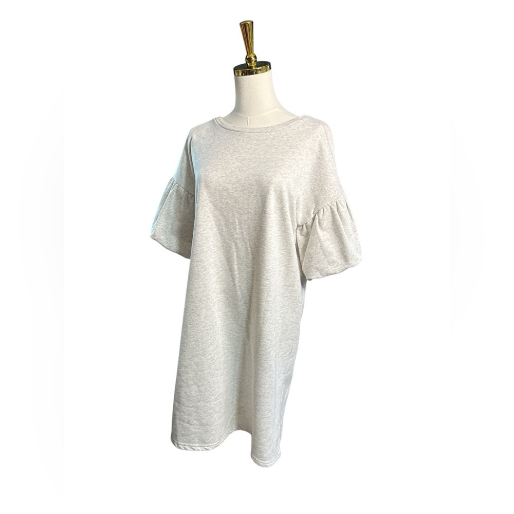 Dreamers Light Gray Midi Cotton Terry Dress with Puff Sleeves Size M